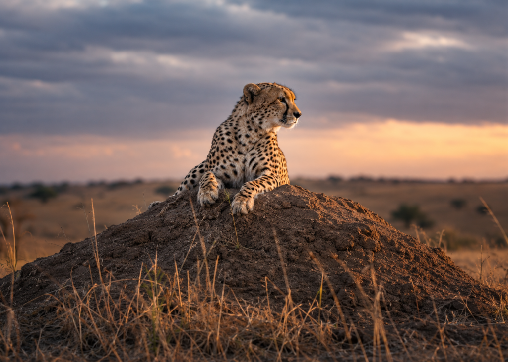 Cheetah perched termite mound against