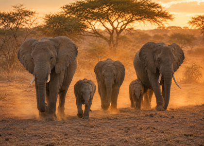 Elephant family walking through dust