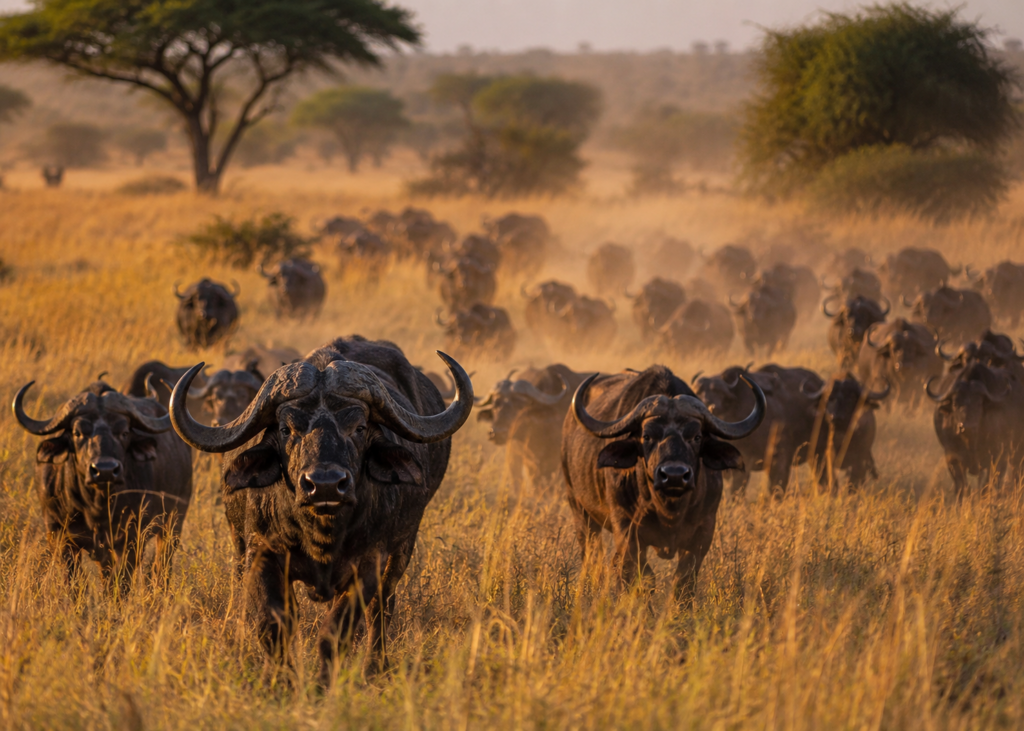Herd cape buffalo charging across