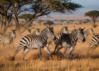 Herd zebras running through dust