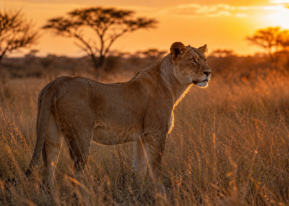 Lioness alert tall golden grass