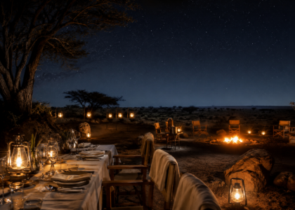 outdoor dinner table set lanterns