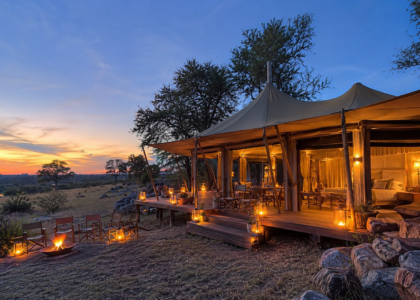 safari lodge tent glowing lantern