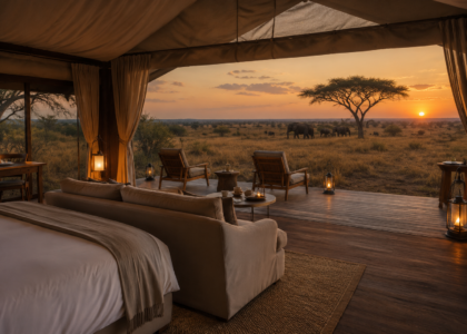 Safari tent interior bed lounge