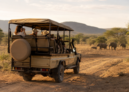 Safari tourists jeep watching herd
