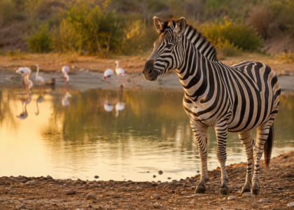 Zebra watering hole flamingos background